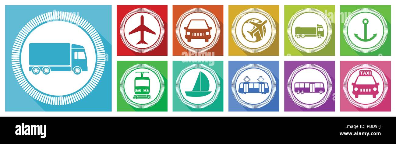 Flat design transportation vector icon set, airplane, vehicle, car ...