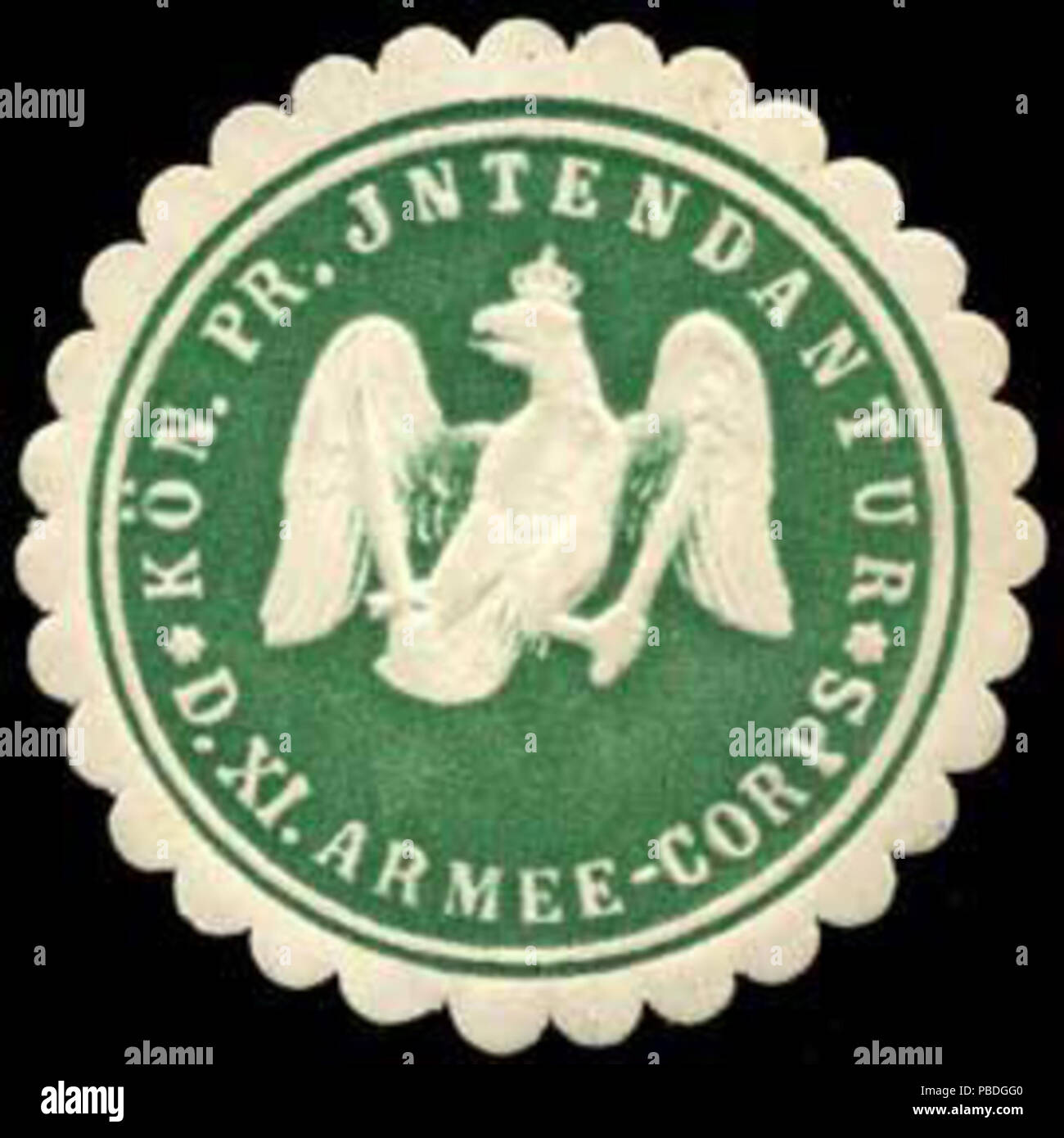 Alte Briefverschlussmarke aus Papier, welche seit ca. 1850 von Behoerden, Anwaelten, Notaren und Firmen zum verschliessen der Post verwendet wurde. 1447 Siegelmarke Kön. Pr. Intendantur des XI. Armee-Corps W0290074 Stock Photo