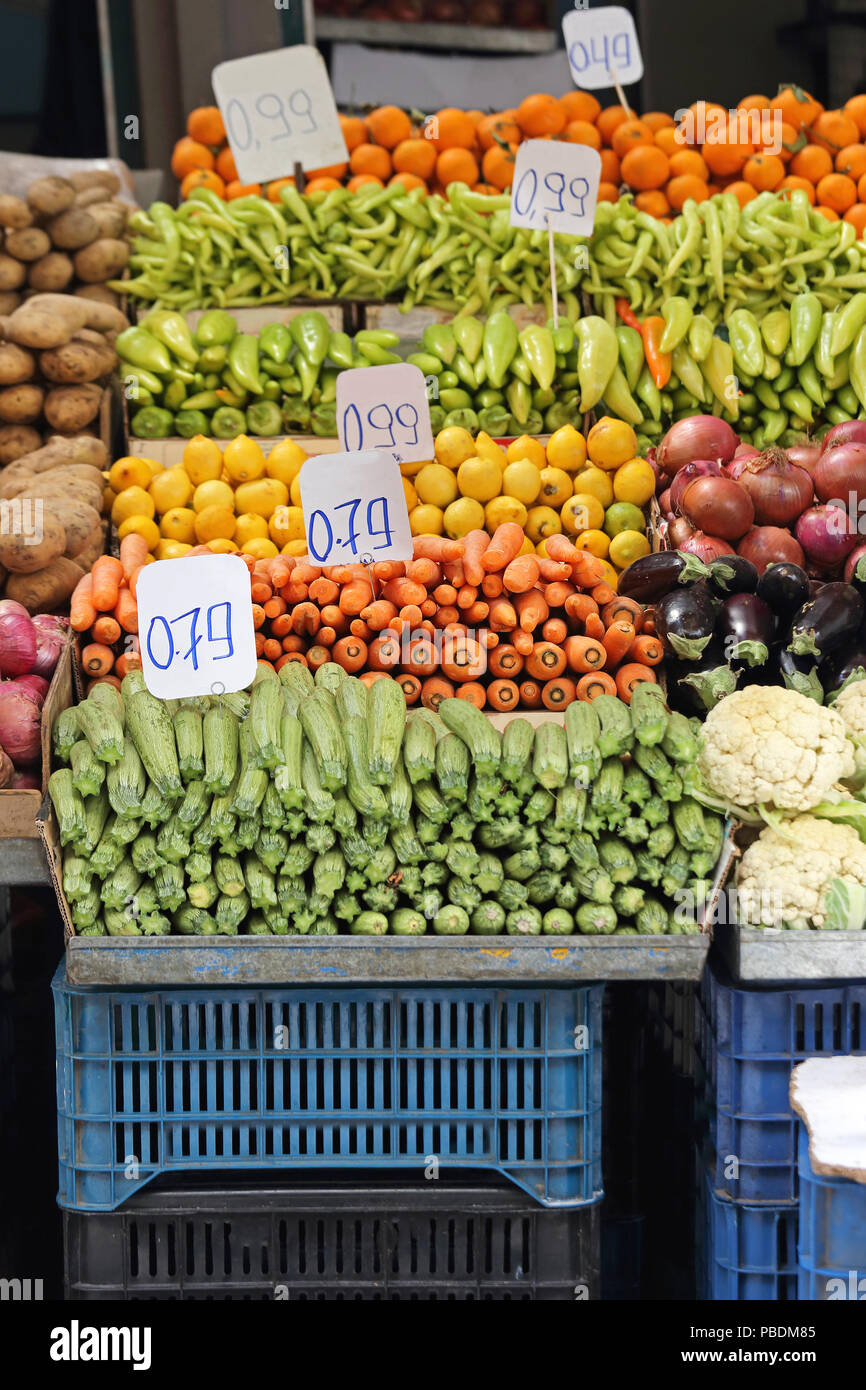 Fruits and Vegetables at Farmers Market Stall Stock Photo - Alamy