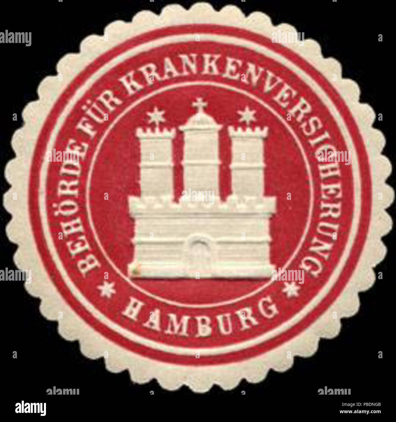 Alte Briefverschlussmarke aus Papier, welche seit ca. 1850 von Behoerden, Anwaelten, Notaren und Firmen zum verschliessen der Post verwendet wurde. 1326 Siegelmarke Behörde für Krankenversicherung - Hamburg W0215456 Stock Photo