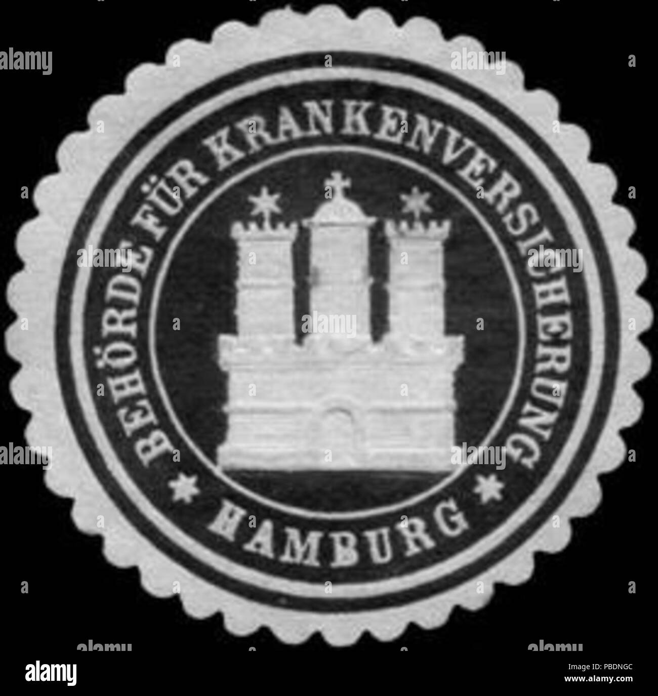 Alte Briefverschlussmarke aus Papier, welche seit ca. 1850 von Behoerden, Anwaelten, Notaren und Firmen zum verschliessen der Post verwendet wurde. 1326 Siegelmarke Behörde für Krankenversicherung - Hamburg W0237707 Stock Photo