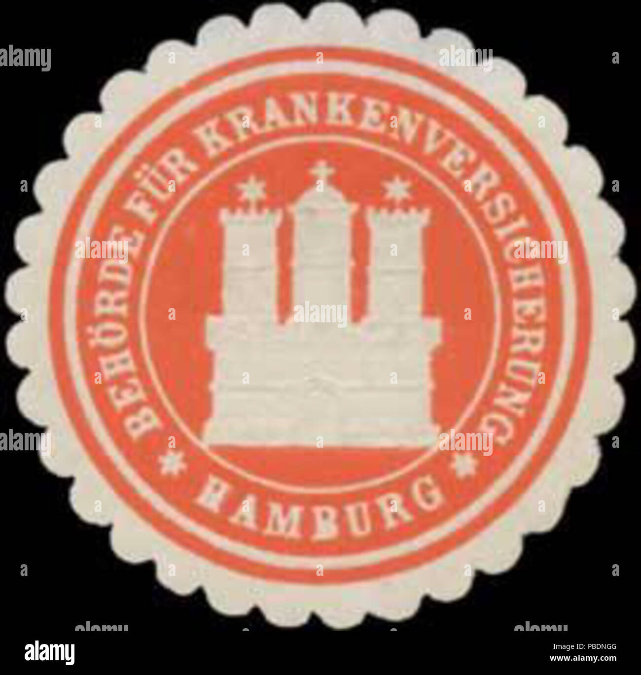 Alte Briefverschlussmarke aus Papier, welche seit ca. 1850 von Behoerden, Anwaelten, Notaren und Firmen zum verschliessen der Post verwendet wurde. 1326 Siegelmarke Behörde für Krankenversicherung Hamburg W0355913 Stock Photo