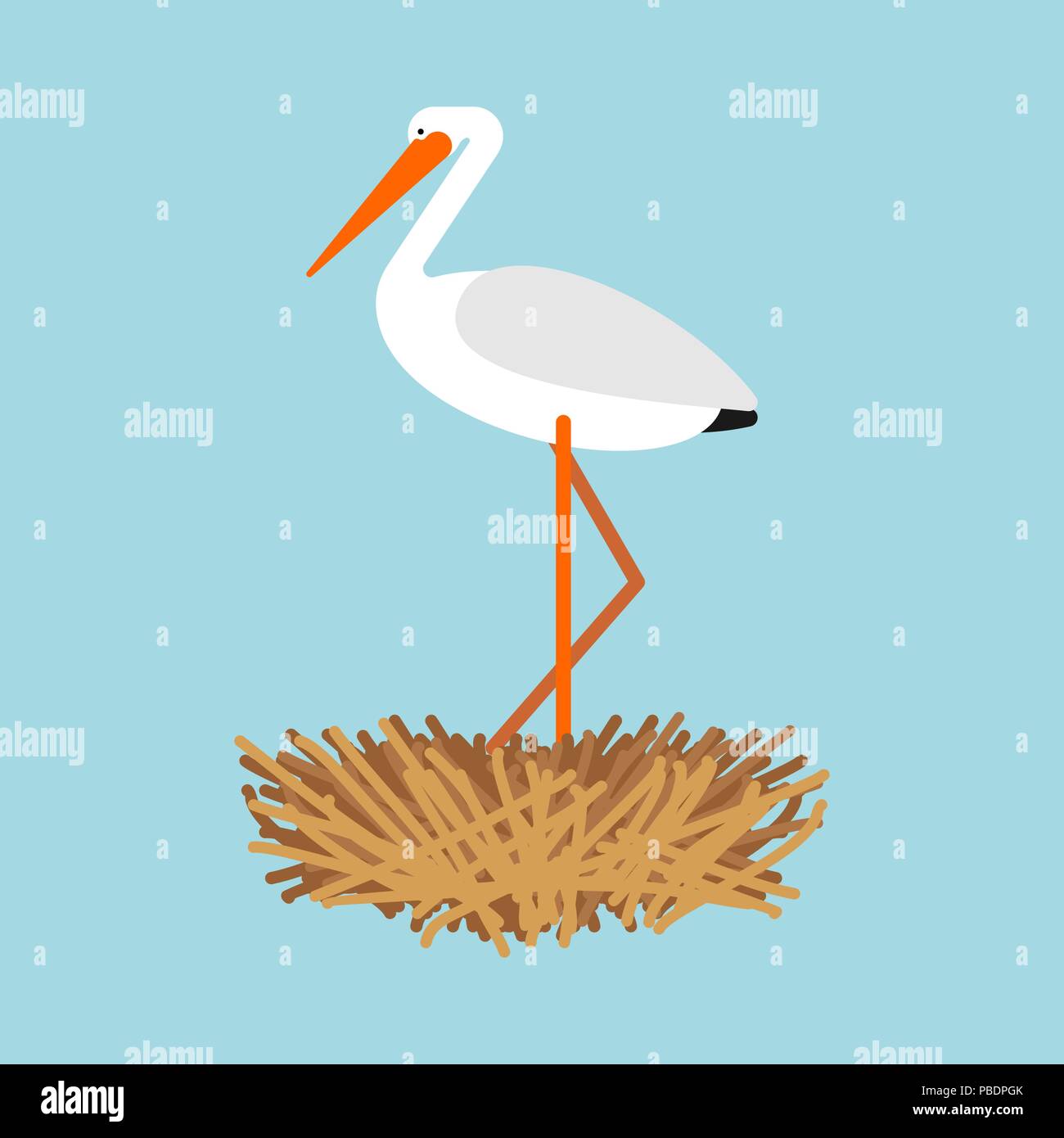 Stork in nest isolated. Bird Vector illustration Stock Vector