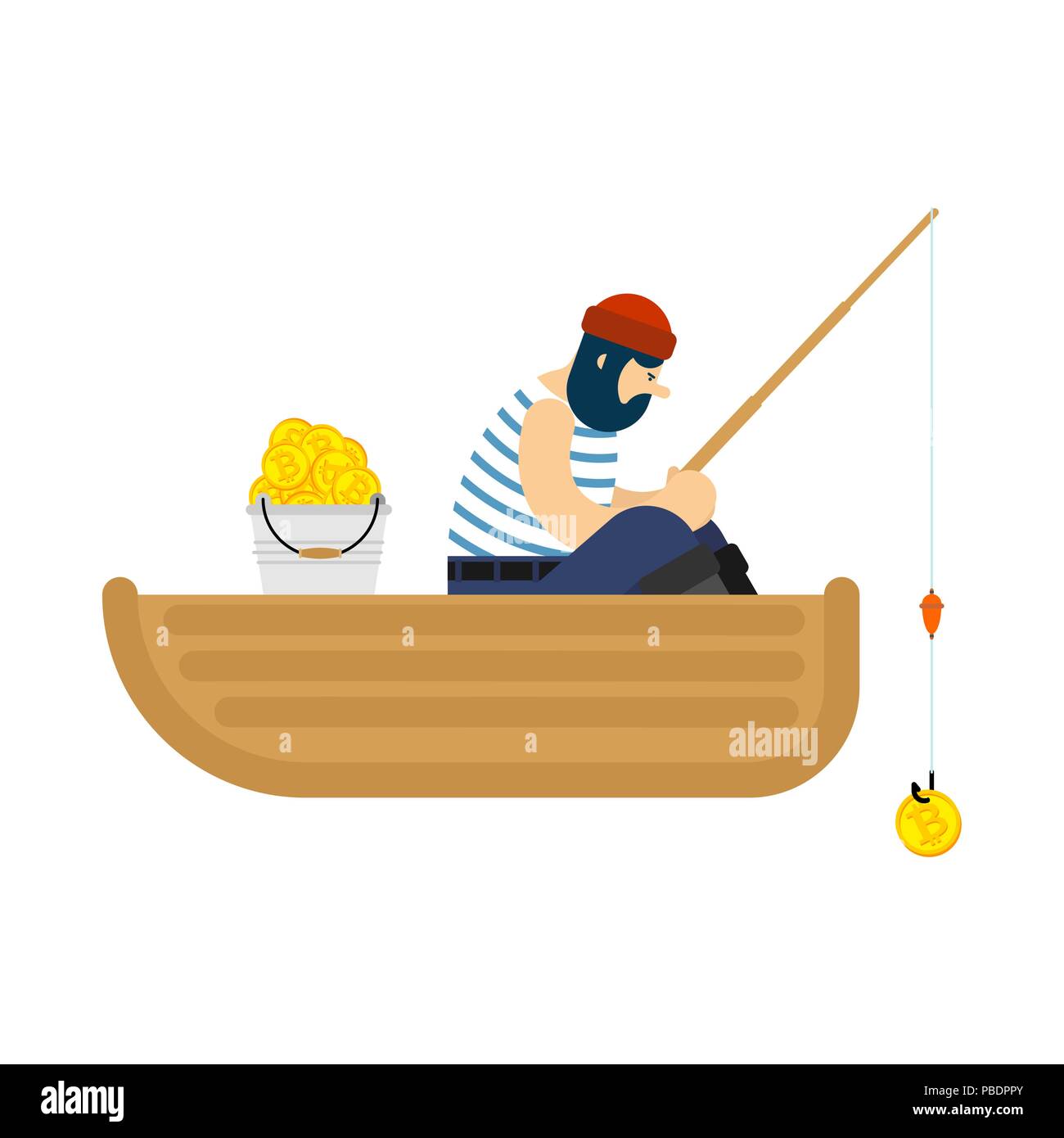 Fisherman on boat fishing bitcoin. Fishing rod and Mining Crypto currency.  Vector illustration Stock Vector Image & Art - Alamy