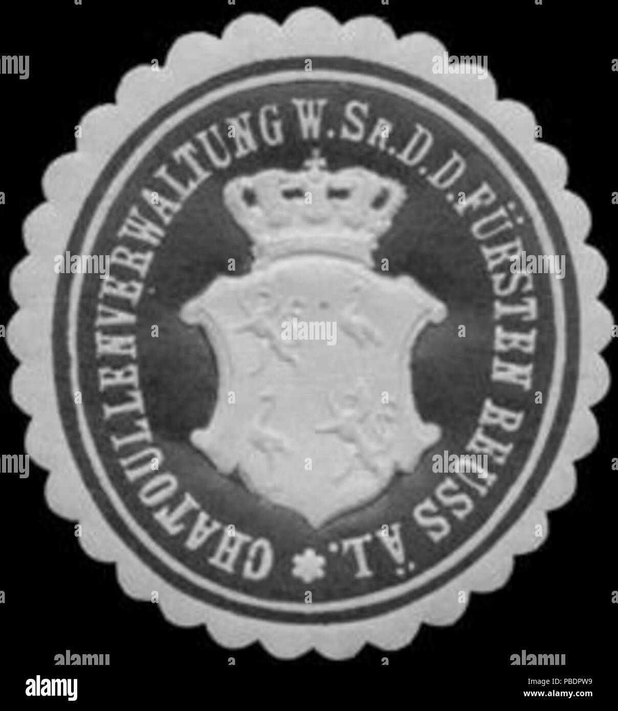 Alte Briefverschlussmarke aus Papier, welche seit ca. 1850 von Behoerden, Anwaelten, Notaren und Firmen zum verschliessen der Post verwendet wurde. 1333 Siegelmarke Chatoullenverwaltung w. Sr. D. des Fürsten Reuss ä. L. W0323049 Stock Photo