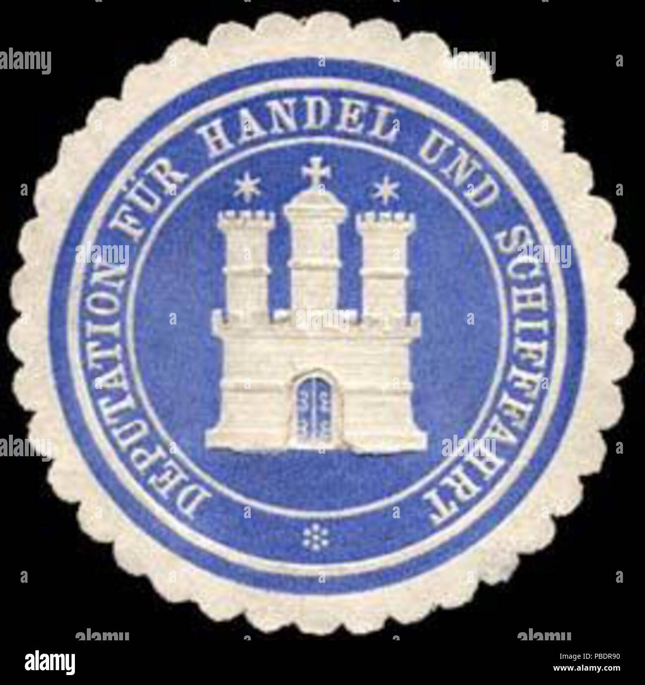 Alte Briefverschlussmarke aus Papier, welche seit ca. 1850 von Behoerden, Anwaelten, Notaren und Firmen zum verschliessen der Post verwendet wurde. 1334 Siegelmarke Deputation für Handel und Schifffahrt W0234924 Stock Photo