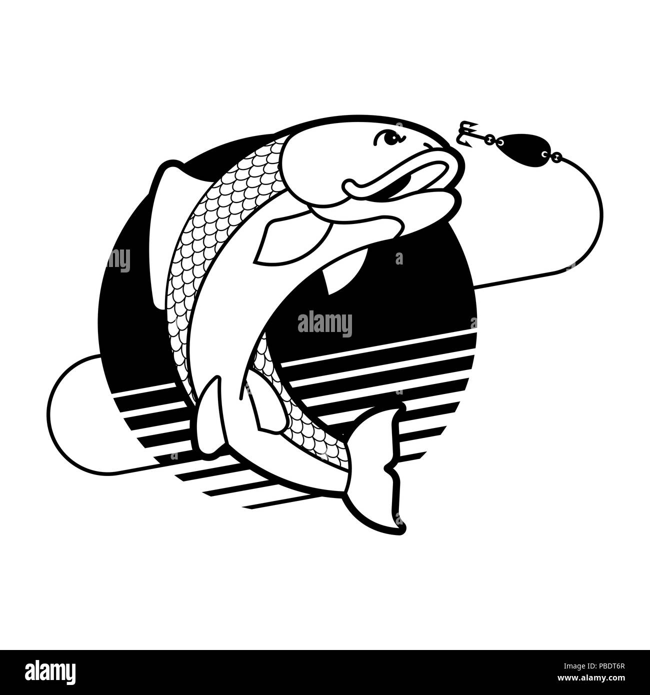 Fish and fishing rod emblem. Fishing club Fishermen sign. Vector