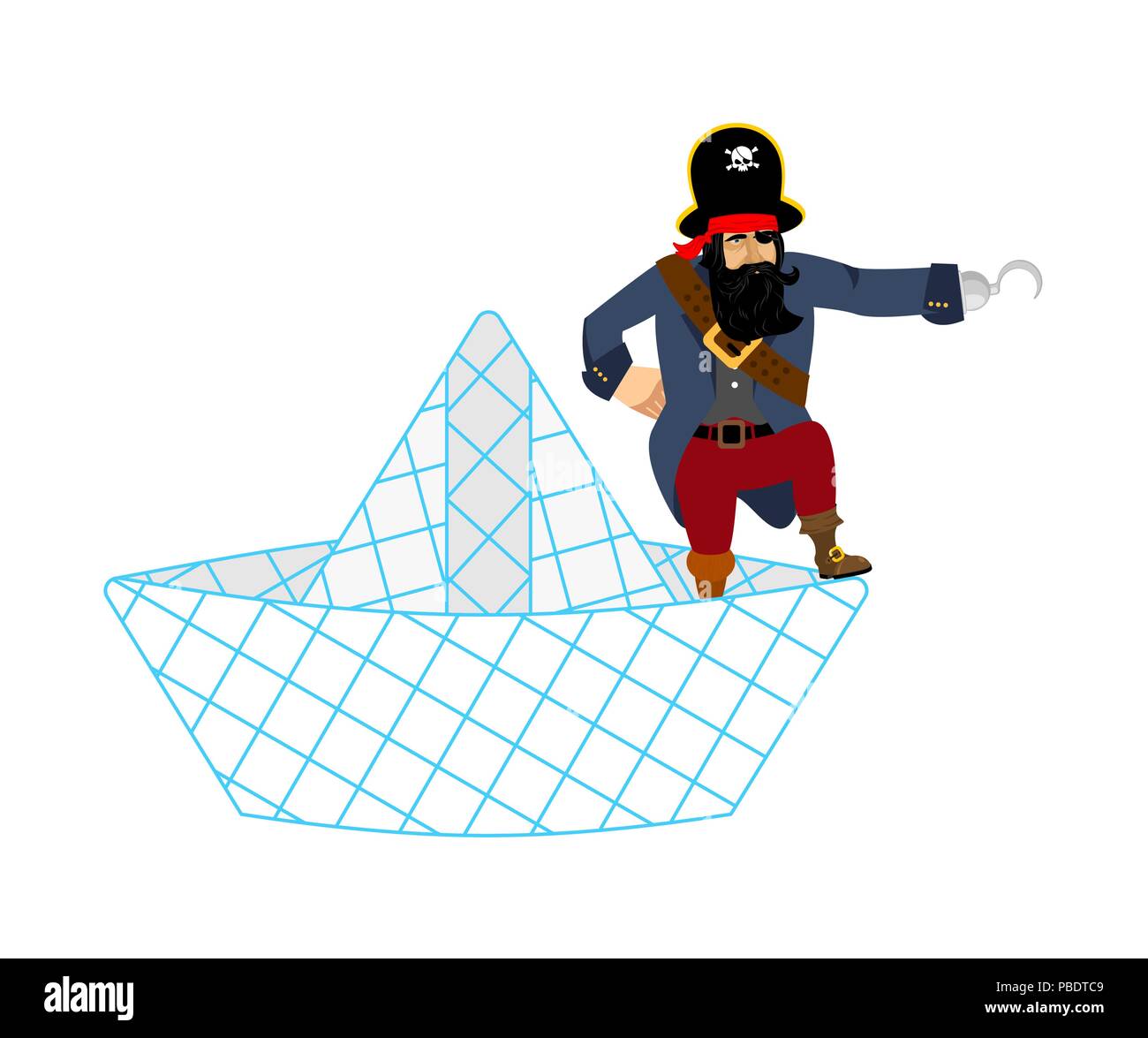 Pirate on Paper boat isolated. Vector illustration Stock Vector