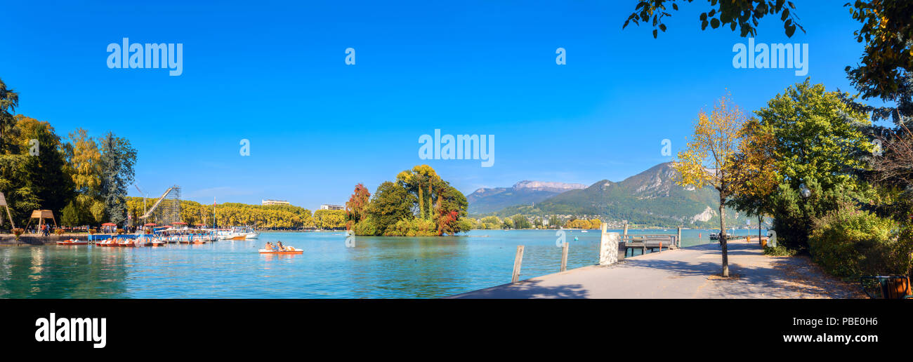 Panoramic view of Lake Annecy and park with embankment. Haute Savoie, Annecy, France Stock Photo