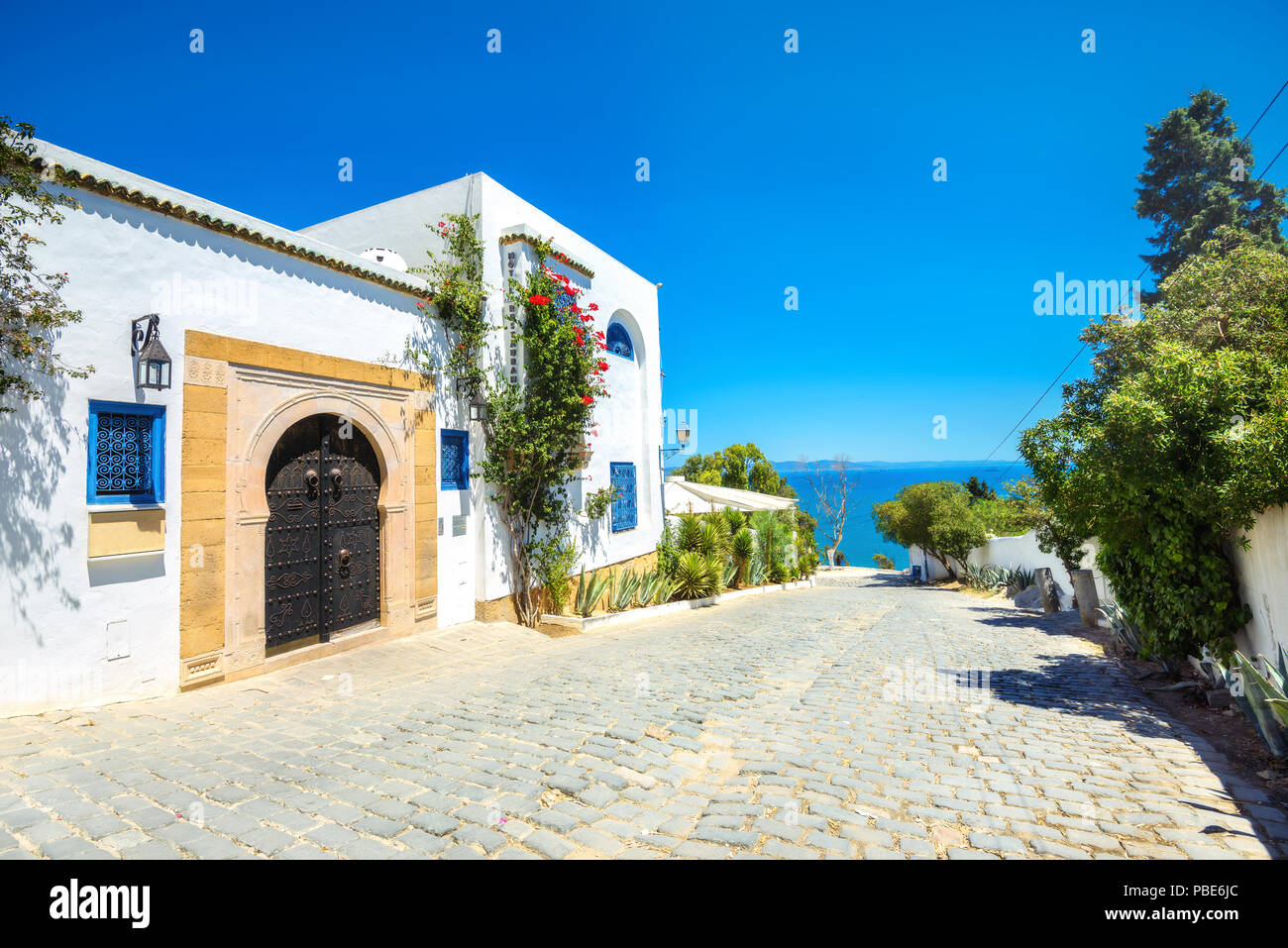 Street in white blue town Sidi Bou Said. Tunisia, North Africa Stock Photo