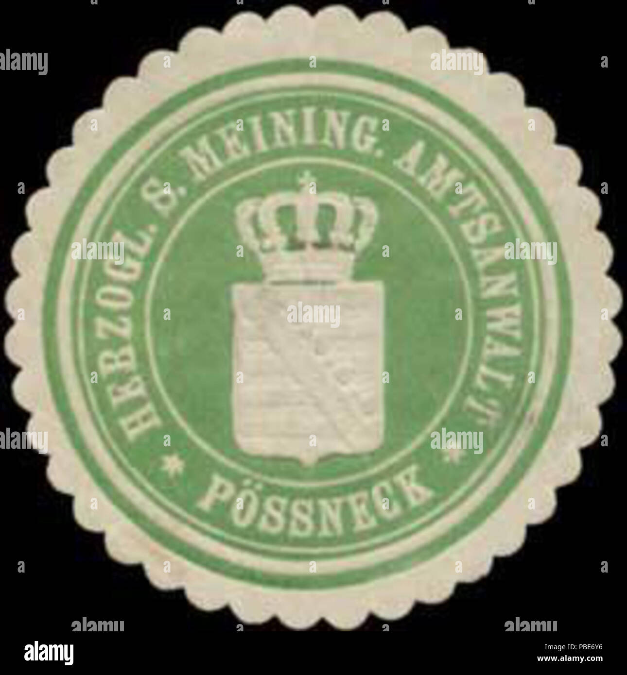 Alte Briefverschlussmarke aus Papier, welche seit ca. 1850 von Behoerden, Anwaelten, Notaren und Firmen zum verschliessen der Post verwendet wurde. 1399 Siegelmarke H.S. Meining. Amtsanwalt Pössneck W0364719 Stock Photo