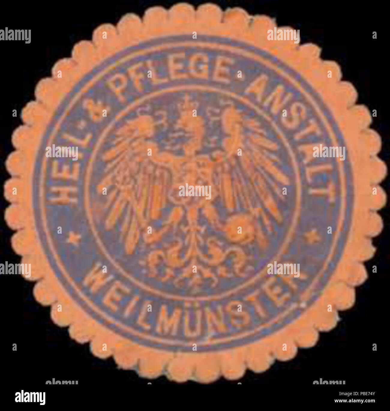 Alte Briefverschlussmarke aus Papier, welche seit ca. 1850 von Behoerden, Anwaelten, Notaren und Firmen zum verschliessen der Post verwendet wurde. 1400 Siegelmarke Heil- &amp; Pflege-Anstalt Weilmünster W0332935 Stock Photo