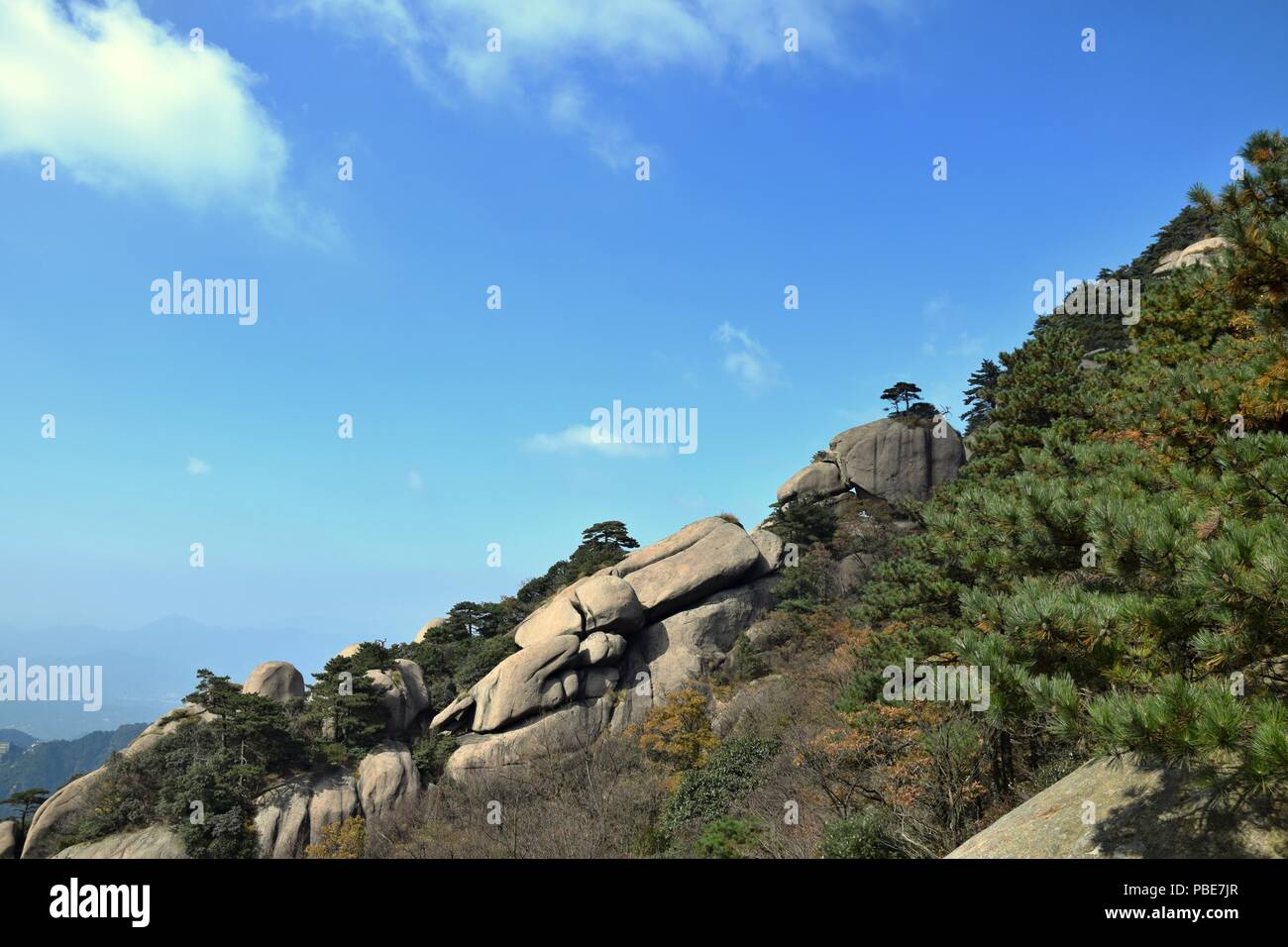 Mount Jiuhua, Nine Glorious Mountains, one of the four sacred mountains of Chinese Buddhism  located in Qingyang County in Anhui province in China. Stock Photo