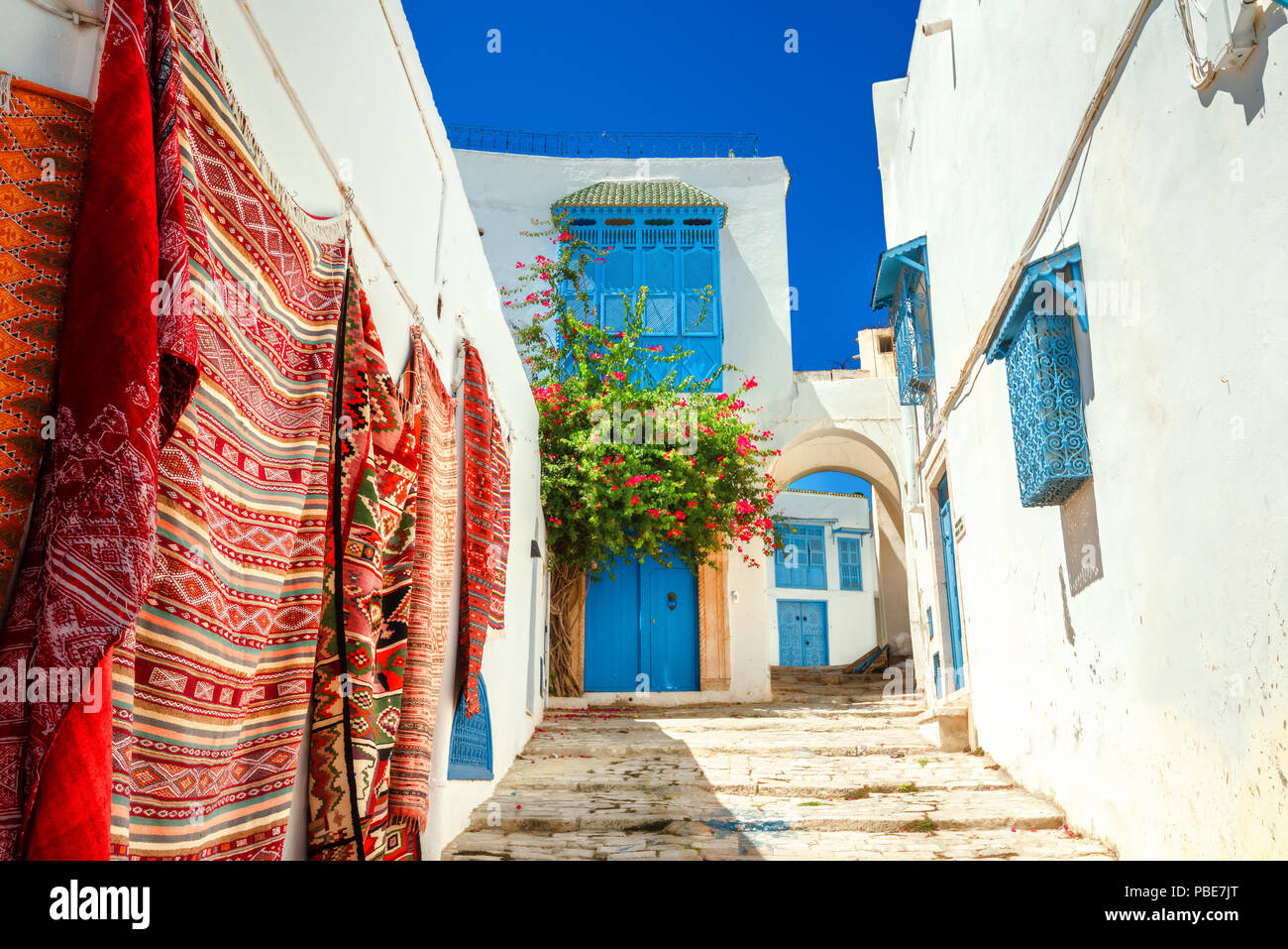 Street in white blue town Sidi Bou Said. Tunisia, North Africa Stock Photo
