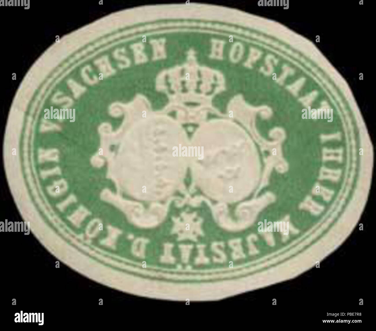 Alte Briefverschlussmarke aus Papier, welche seit ca. 1850 von Behoerden, Anwaelten, Notaren und Firmen zum verschliessen der Post verwendet wurde. 1402 Siegelmarke Hofstaat Ihrer Majestät der Königin von Sachsen W0344105 Stock Photo