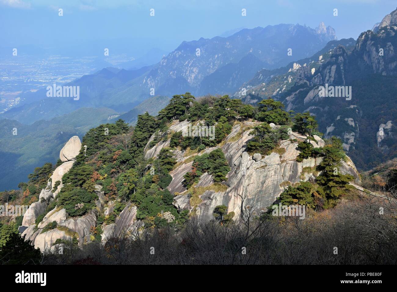 Mount Jiuhua, Nine Glorious Mountains, is one of the four sacred mountains of Chinese Buddhism located in Qingyang County in Anhui province in China. Stock Photo