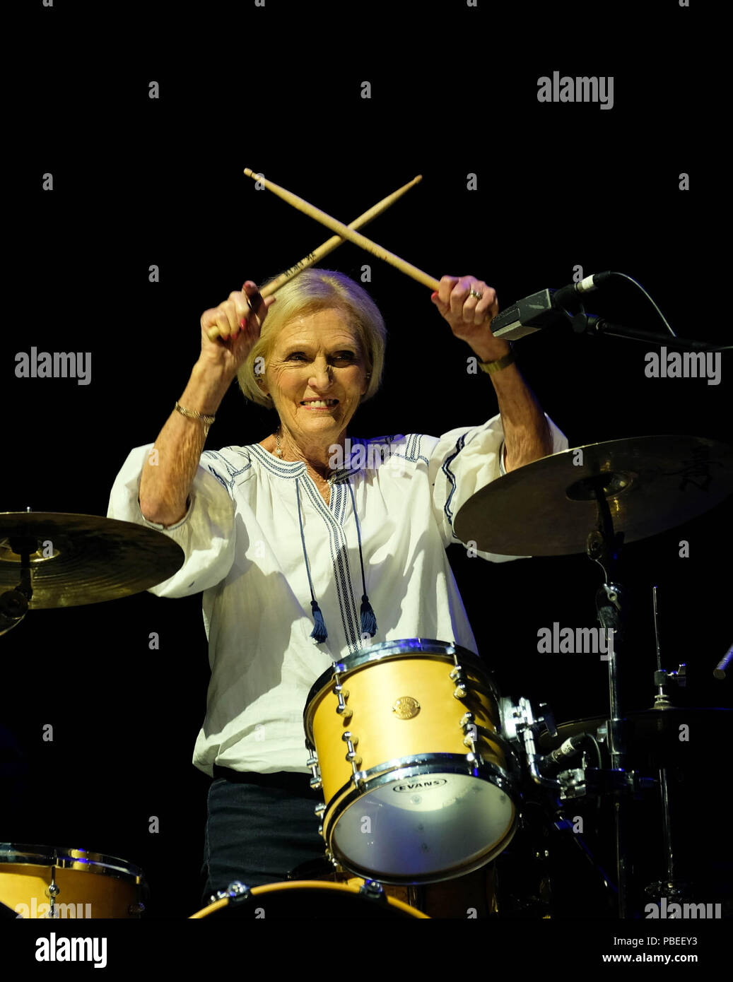 Camp Bestival Festival Day 1 -  July 27th 2018. Mary Berry playing drums with Rick Astley  performing on stage, Lulworth, Dorset, UK Stock Photo