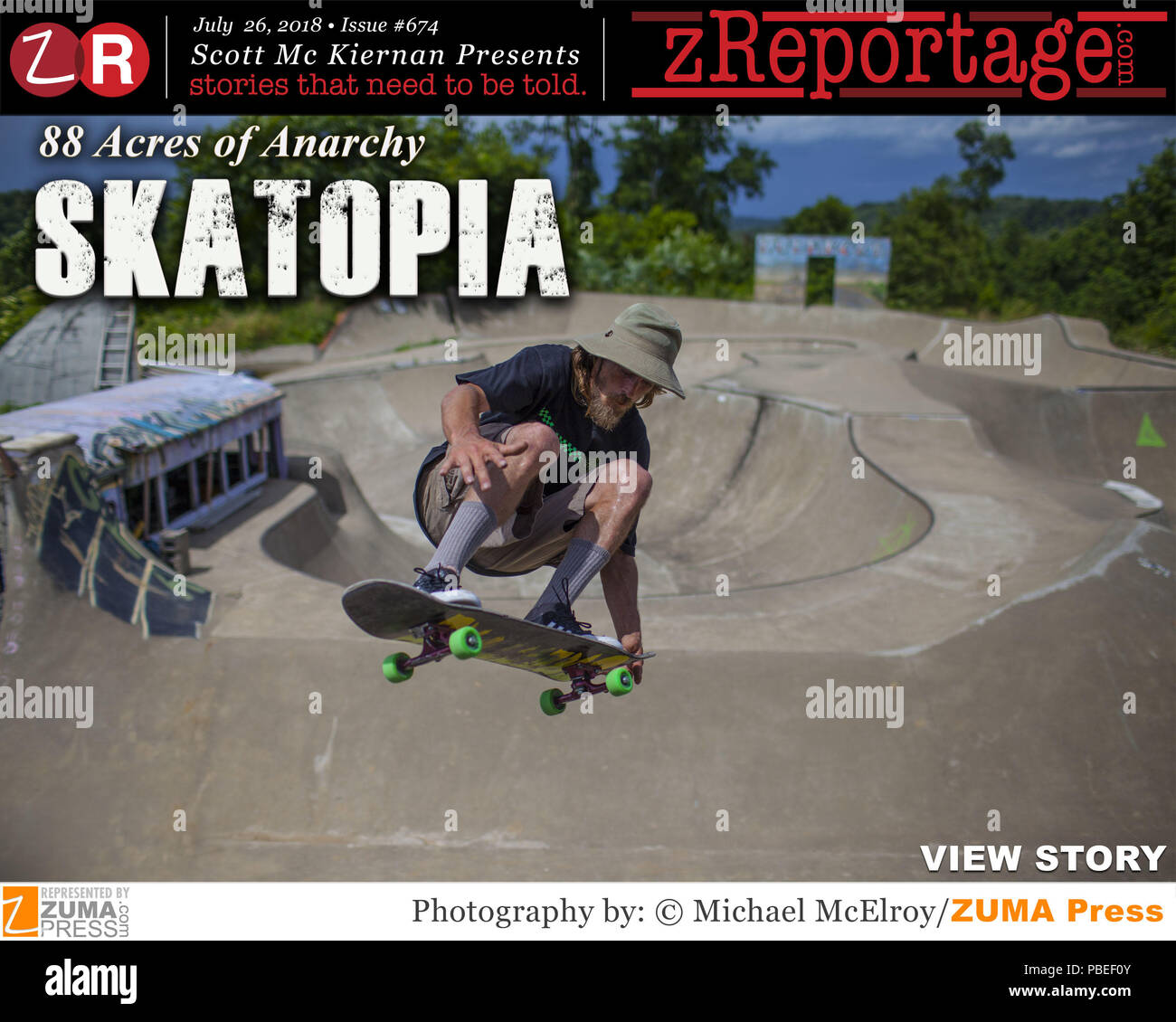 zReportage.com Story of the Week # 674 - SKATOPIA: 88 Acres of Anarchy- Launched July 27, 2018 - Full multimedia experience: audio, stills, text and or video: Go to zReportage.com to see more - Skatopia is an Appalachian farm where hardcore skating, punk rock and hillbilly culture collide. Mad-Max style demolition derbies and spontaneous car burning partners with 24/7 skate sessions. Tony Hawk calls Skatopia a 'rite of passage' for hardcore skaters. Skatopia's owner, Brewce Martin, dreamed of a place where he could live and breathe skating, a place where people forget their 'outside' lives by Stock Photo