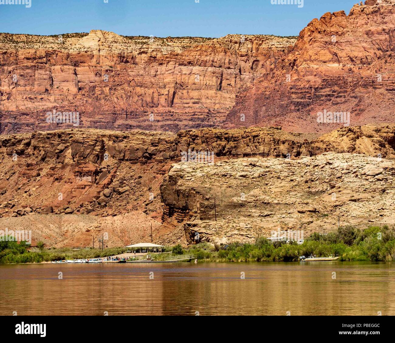 Arizona, USA. 1st June, 2018. Lees Ferry, Arizona, is a river rafting launch  site and fishing area for tourists and vacationers. On the Colorado River,  it is the official beginning of Grand