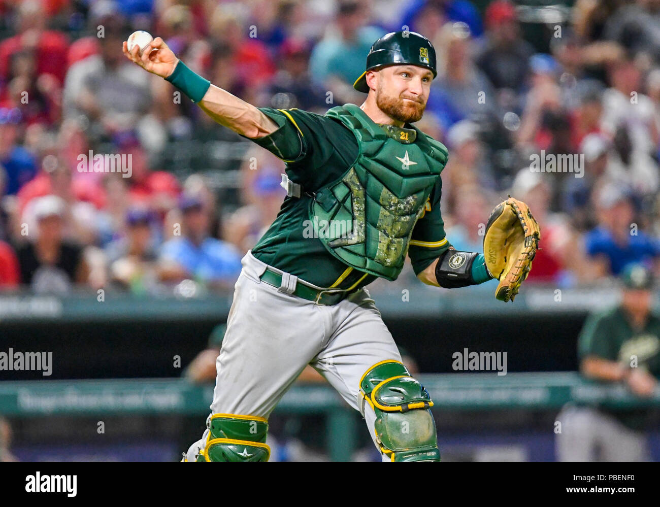 Jul 26, 2018: Oakland Athletics catcher Jonathan Lucroy #21 during an MLB  game between the Oakland