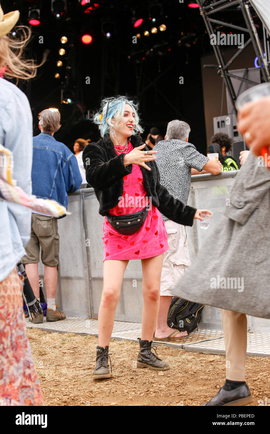 Wiltshire, UK.  28th July 2018. Fresher weather bring cooler conditions to the festival but the party atmosphere is heating up with people enjoying the eclectic live music and dance. Credit: Wayne Farrell/Alamy Live News Stock Photo