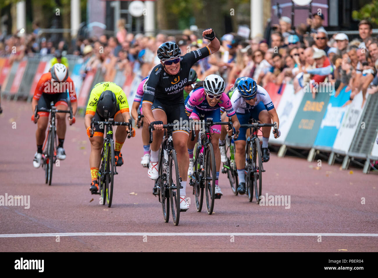 The Mall, London, UK. The Classique 2018 women's one-day race professional cycling. World Tour status by the Union Cycliste Internationale (UCI) Stock Photo