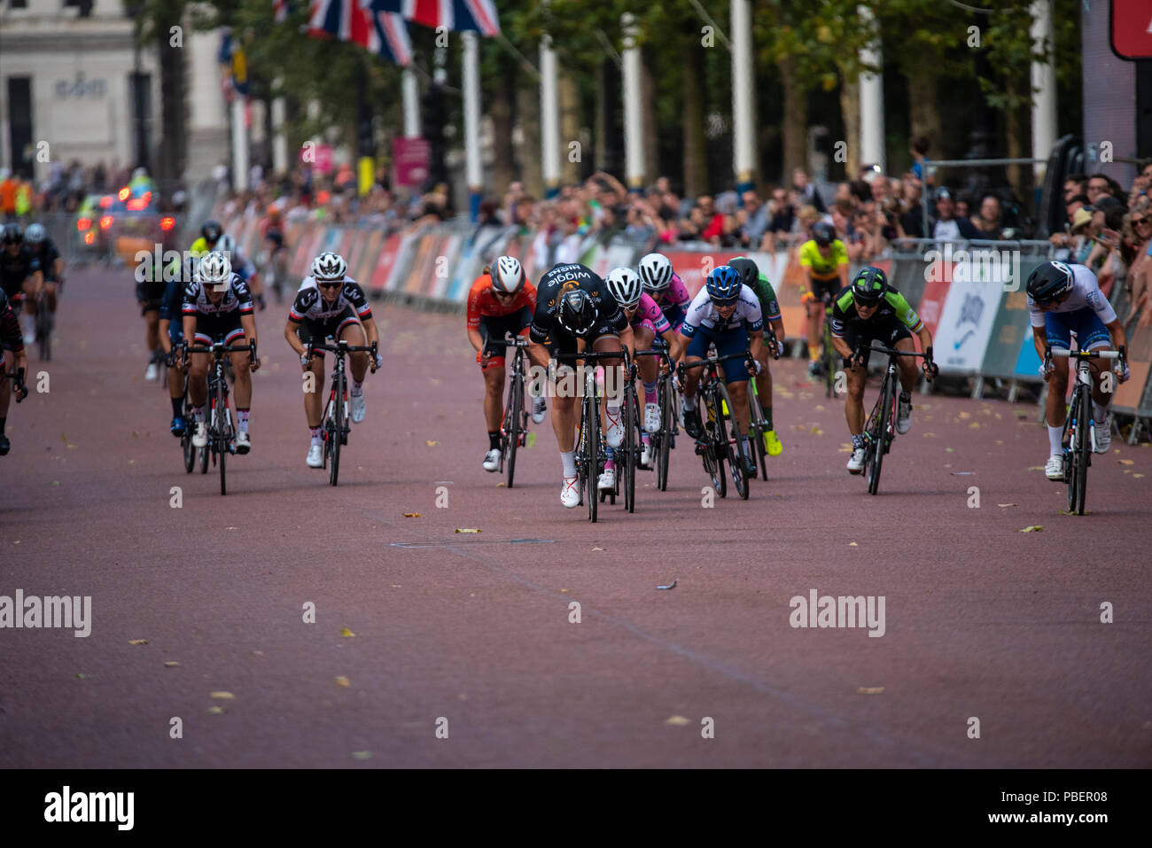 The Mall, London, UK. The Classique 2018 women's one-day race professional cycling. World Tour status by the Union Cycliste Internationale (UCI) Stock Photo