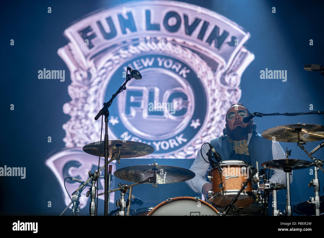 Cumbria, UK. 28th July 2018  Fun Lovin' Criminals performing at Kendal Calling fronted by Huey Morgan,Brian Leiser keyboards,Frank Benbini Drumms, Penrith. © Jason Richardson / Alamy Live News Stock Photo