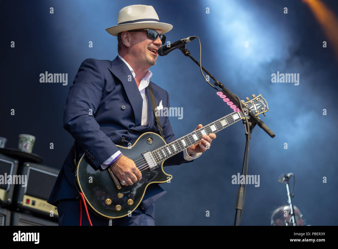 Cumbria, UK. 28th July 2018  Fun Lovin' Criminals performing at Kendal Calling fronted by Huey Morgan,Brian Leiser keyboards,Frank Benbini Drumms, Penrith. © Jason Richardson / Alamy Live News Stock Photo