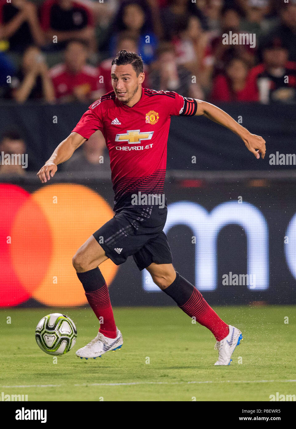 Carson, CA. 25th July, 2018. Manchester United defender Darmian (36) dribbles the ball during a game between AC Milan vs Manchester on Wednesday, July 25, 2018 at the Center,