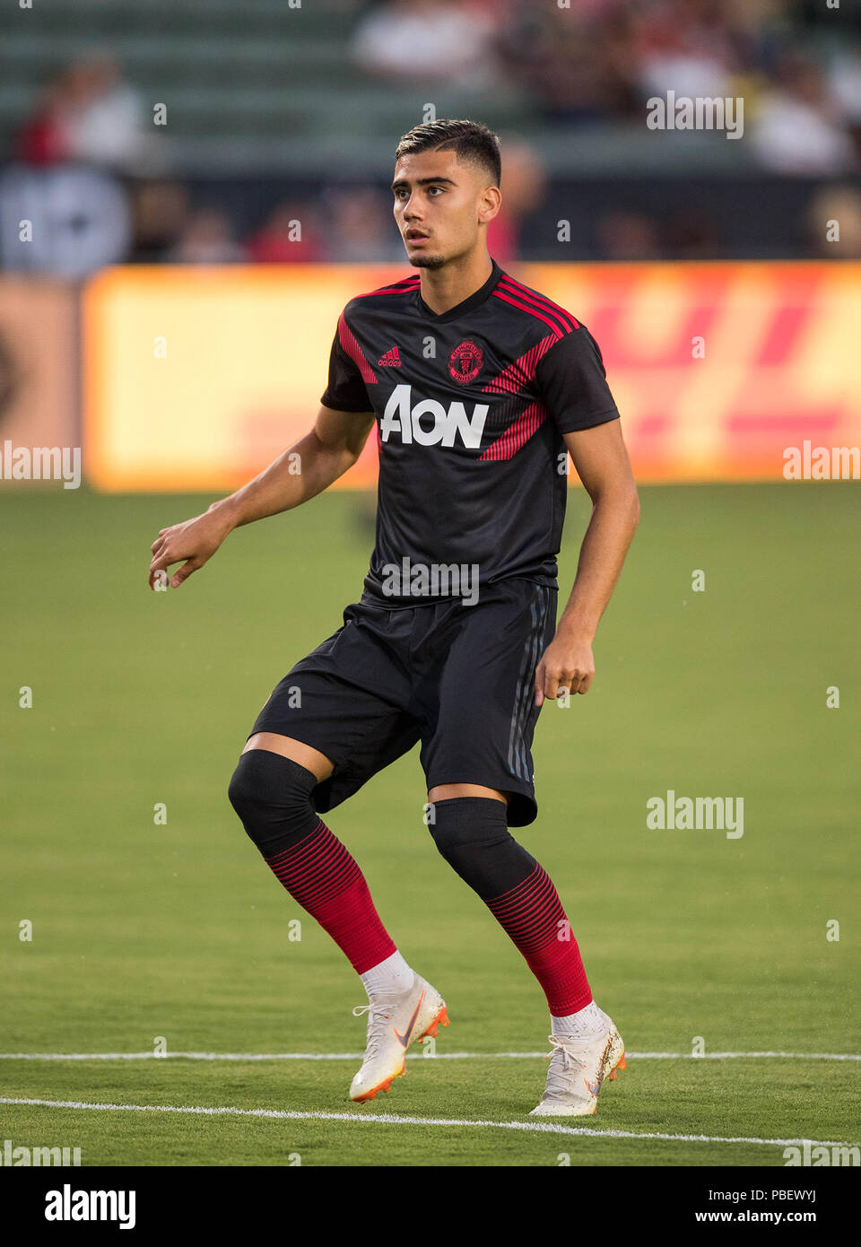 Carson, CA. 25th July, 2018. Manchester United midfielder Andreas Pereira (15) warms up before a game between AC Milan vs Manchester United on Wednesday, July 25, 2018 at the StubHub Center, in Carson, CA. Manchester United defeated AC Milan 1-1 (9-8) penalties. (Mandatory Credit: Juan Lainez/MarinMedia.org/Cal Sport Media) (Complete photographer, and credit required) Credit: csm/Alamy Live News Stock Photo
