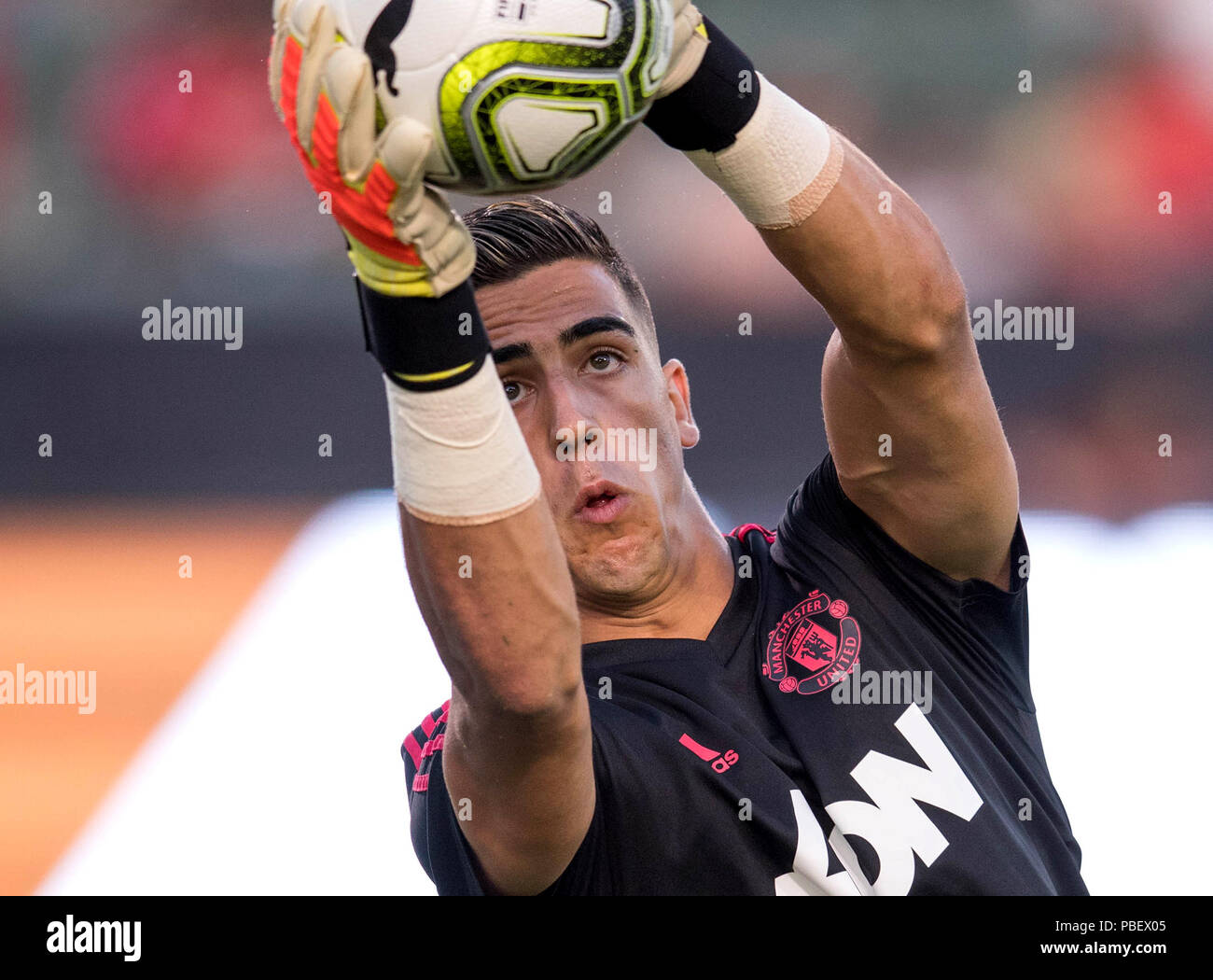 Carson, CA. 25th July, 2018. Manchester United goalie Joel Pereira (40) warms up before a game between AC Milan vs Manchester United on Wednesday, July 25, 2018 at the StubHub Center, in Carson, CA. Manchester United defeated AC Milan 1-1 (9-8) penalties. (Mandatory Credit: Juan Lainez/MarinMedia.org/Cal Sport Media) (Complete photographer, and credit required) Credit: csm/Alamy Live News Stock Photo