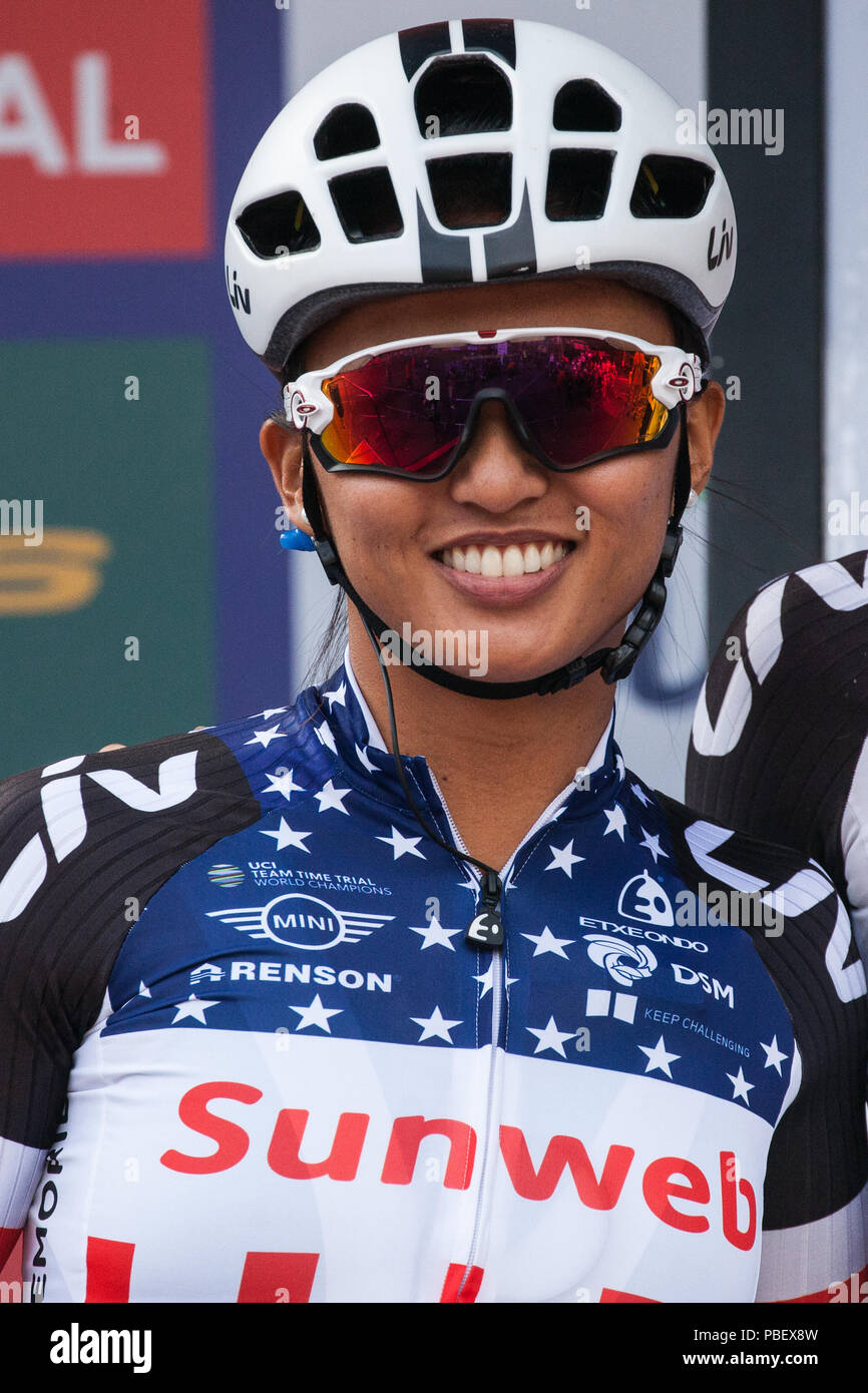 London, UK. 28th July, 2018. Reigning champion Coryn Rivera of Team Sunweb prepares to compete in the Prudential RideLondon Classique, the richest women's one-day race in cycling. The race is part of the UCI Women's World Tour and offers spectators the opportunity to see the world's best women’s cycling teams battling it out over 12 laps of a closed 5.4km circuit starting and finishing on The Mall. Credit: Mark Kerrison/Alamy Live News Stock Photo