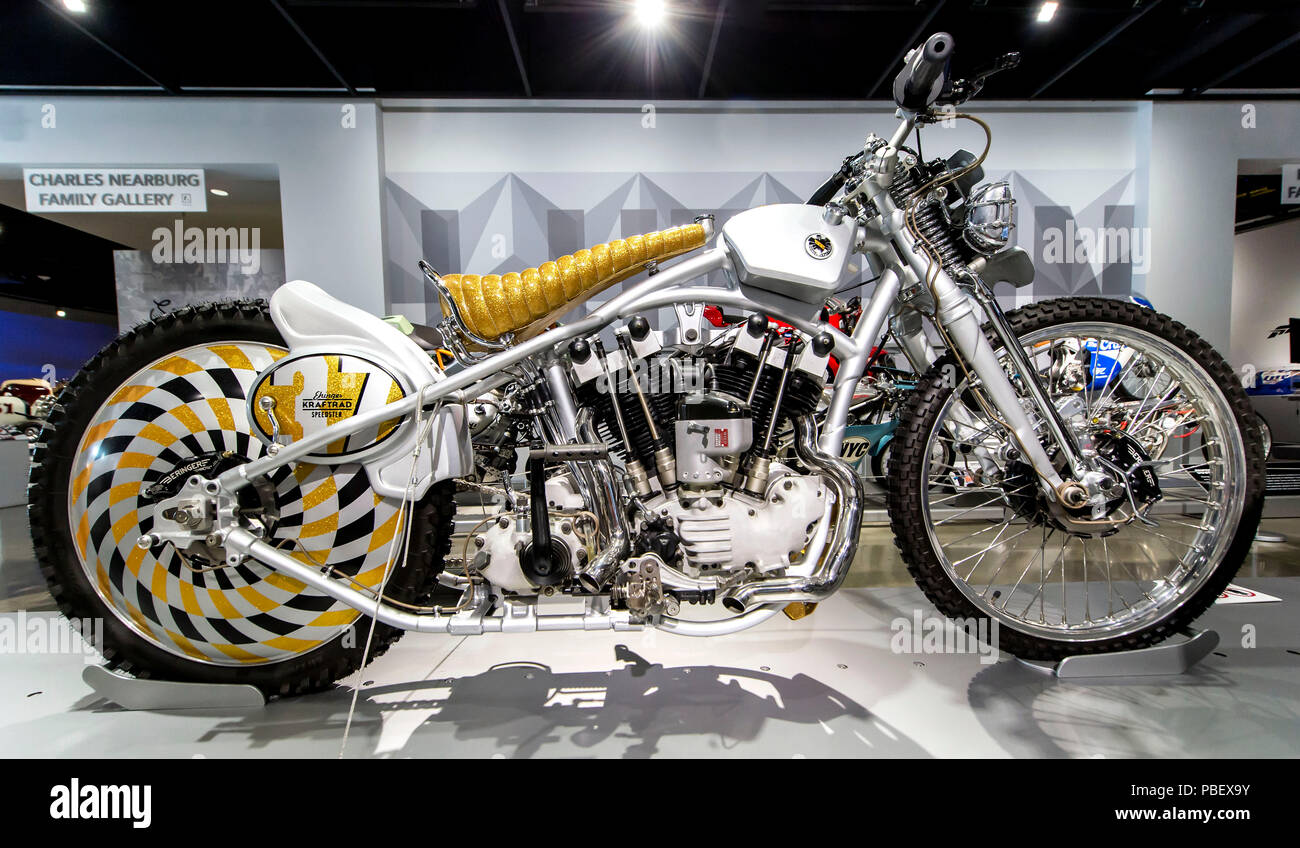 Los Angeles, California, USA. 28th July, 2018. 'Speedster' designed and built by Ehinger Kraftrad of Hamburg, Germany, is displayed as part of the 'Custom Revolution' exhibit at the Petersen Automotive Museum. The exhibit gathers the works of the most influential and alternative bike builders of the past ten years in one place for the first time ever. Credit: Brian Cahn/ZUMA Wire/Alamy Live News Stock Photo