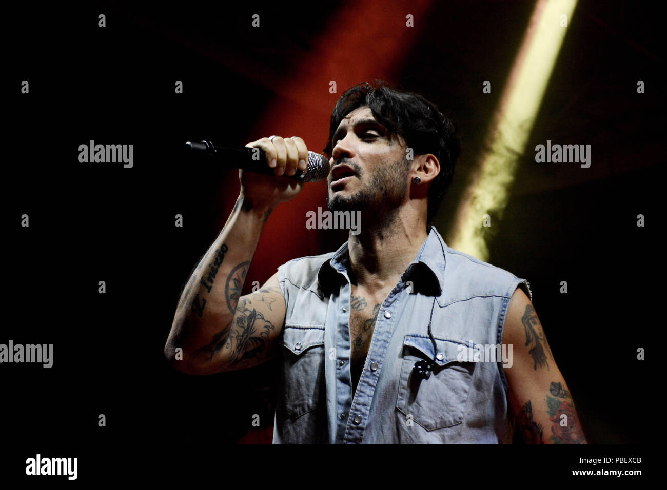 Naples, Italy. 28th July, 2018. The italian singer-songwriter Fabrizio Moro, last winner of Sanremo Festival 2018,  performing live on stage at Arenile di Bagnoli in Naples, Italy for his concert  'Tour 2018'. Credit: Mariano Montella/Alamy Live News Stock Photo
