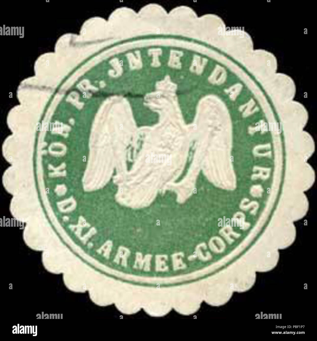 Alte Briefverschlussmarke aus Papier, welche seit ca. 1850 von Behoerden, Anwaelten, Notaren und Firmen zum verschliessen der Post verwendet wurde. 1453 Siegelmarke Königlich Preussische Intendantur des XI. Armee - Corps W0238397 Stock Photo