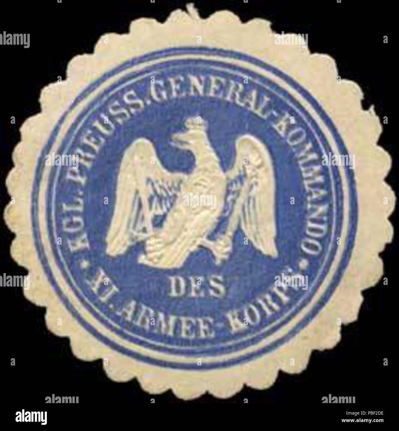 Alte Briefverschlussmarke aus Papier, welche seit ca. 1850 von Behoerden, Anwaelten, Notaren und Firmen zum verschliessen der Post verwendet wurde. 1458 Siegelmarke Königlich Preussisches General - Kommando des XI. Armee - Korps W0249963 Stock Photo