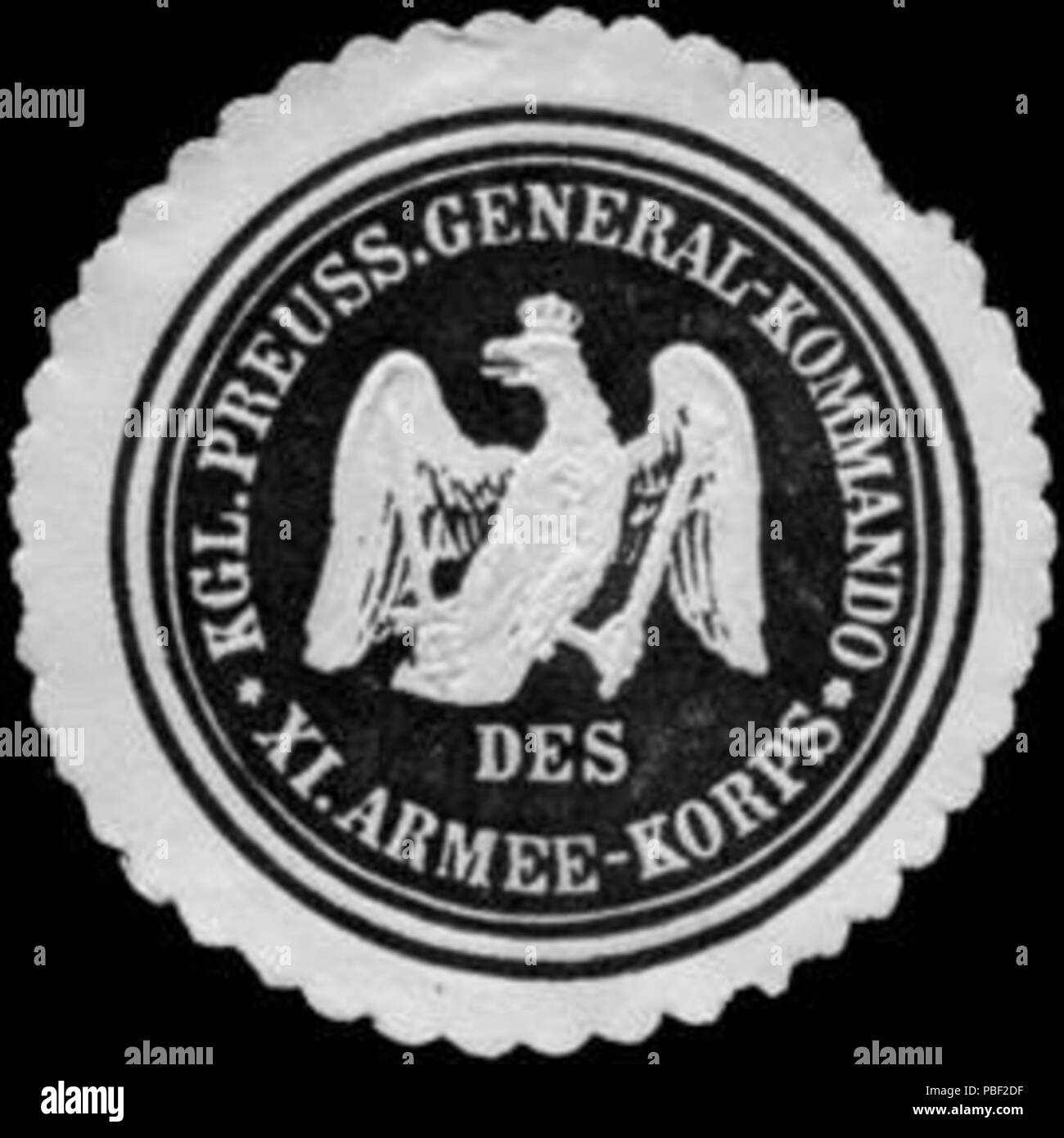 Alte Briefverschlussmarke aus Papier, welche seit ca. 1850 von Behoerden, Anwaelten, Notaren und Firmen zum verschliessen der Post verwendet wurde. 1458 Siegelmarke Königlich Preussisches General - Kommando des XI. Armee - Korps W0224199 Stock Photo
