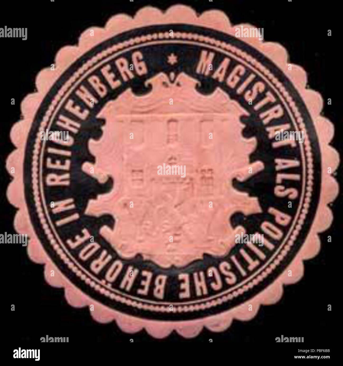 Alte Briefverschlussmarke aus Papier, welche seit ca. 1850 von Behoerden, Anwaelten, Notaren und Firmen zum verschliessen der Post verwendet wurde. 1477 Siegelmarke Magistrat als politische Behörde in Reichenberg W0301191 Stock Photo