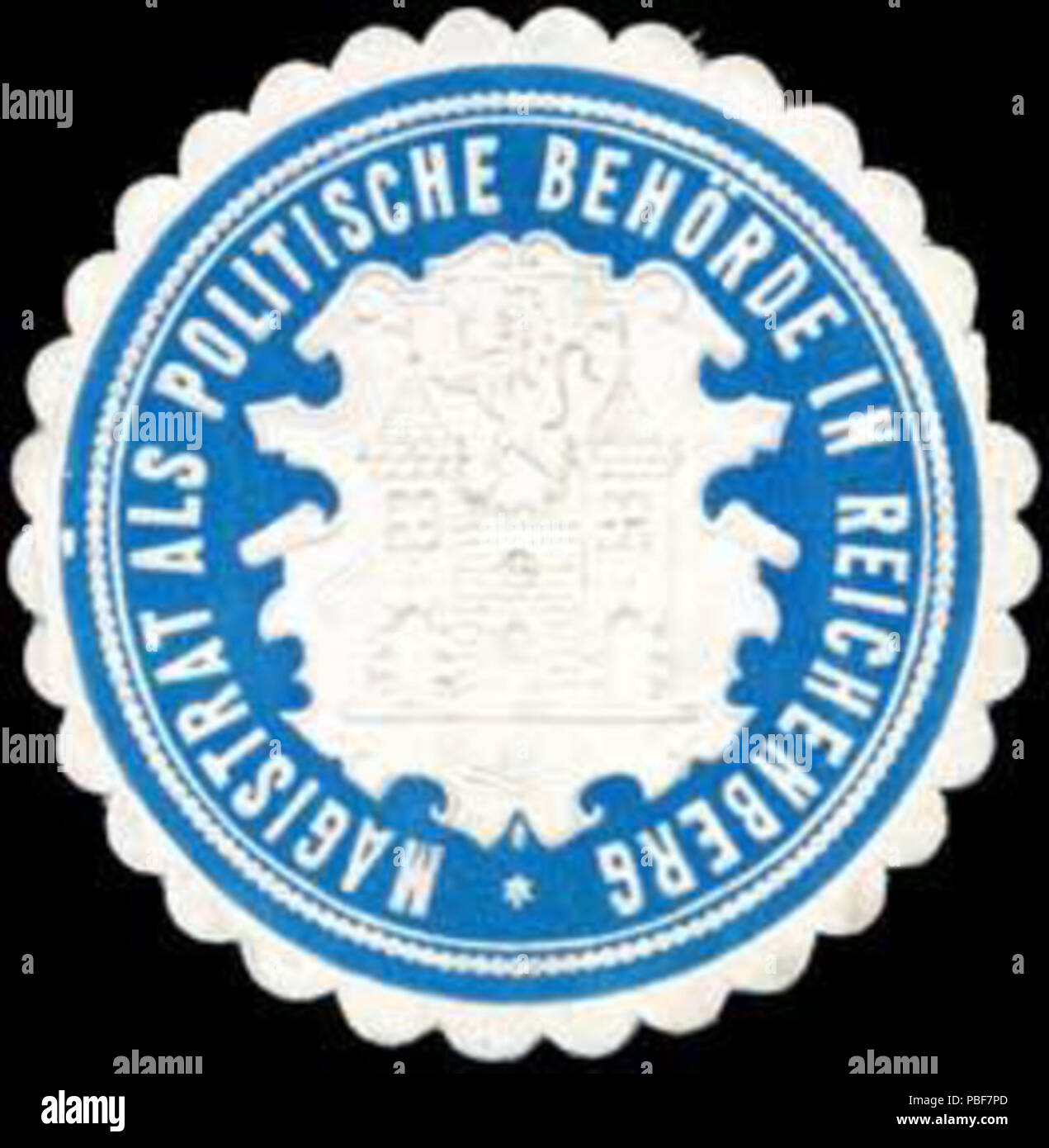 Alte Briefverschlussmarke aus Papier, welche seit ca. 1850 von Behoerden, Anwaelten, Notaren und Firmen zum verschliessen der Post verwendet wurde. 1486 Siegelmarke Magistrat in Reichenberg als politische Behörde W0317729 Stock Photo