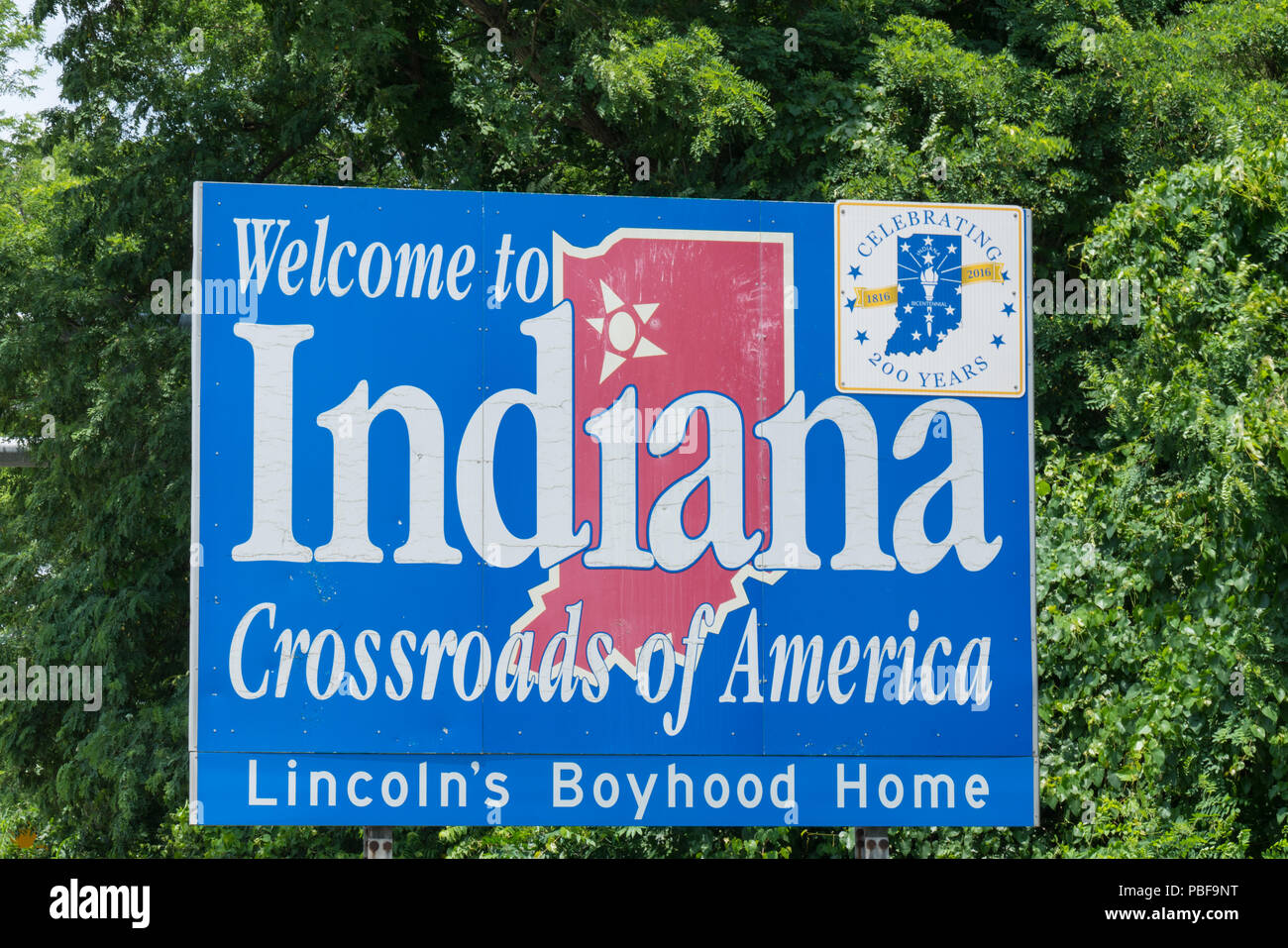Welcome to Indiana roadside sign on the highway Stock Photo