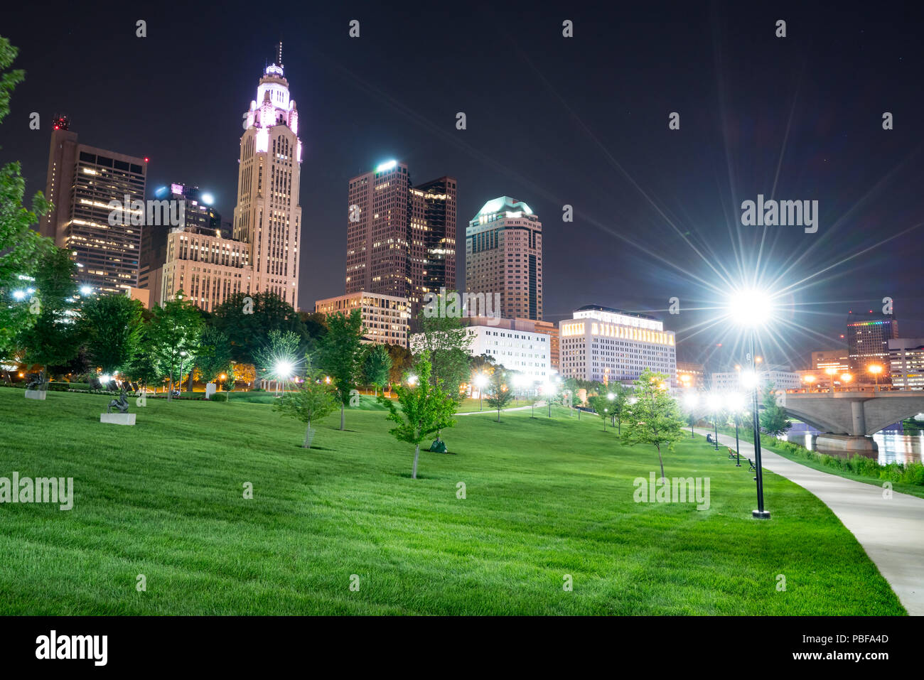 Columbus, Ohio city night skyline from Battelle Riverfront Park Stock