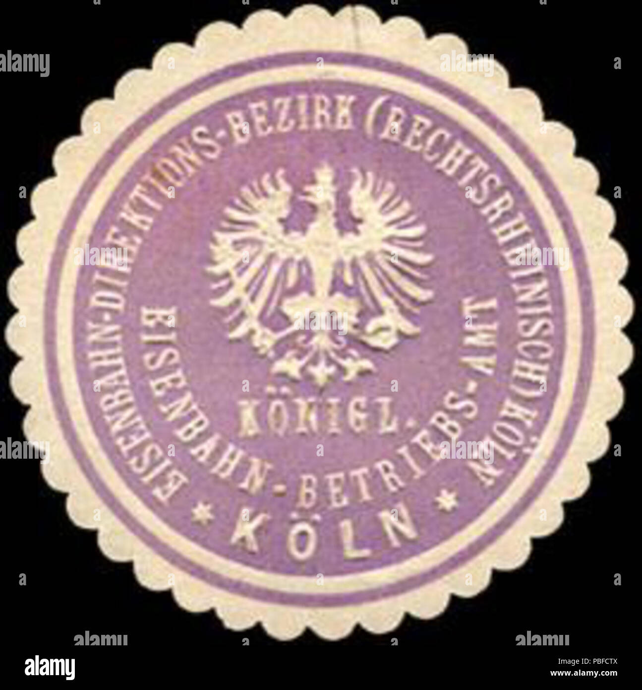 Alte Briefverschlussmarke aus Papier, welche seit ca. 1850 von Behoerden, Anwaelten, Notaren und Firmen zum verschliessen der Post verwendet wurde. 1467 Siegelmarke Königliche Eisenbahn - Betriebs - Amt Köln - Eisenbahn - Direktions - Bezirk (Rechtsrheinisch) Köln W0205445 Stock Photo