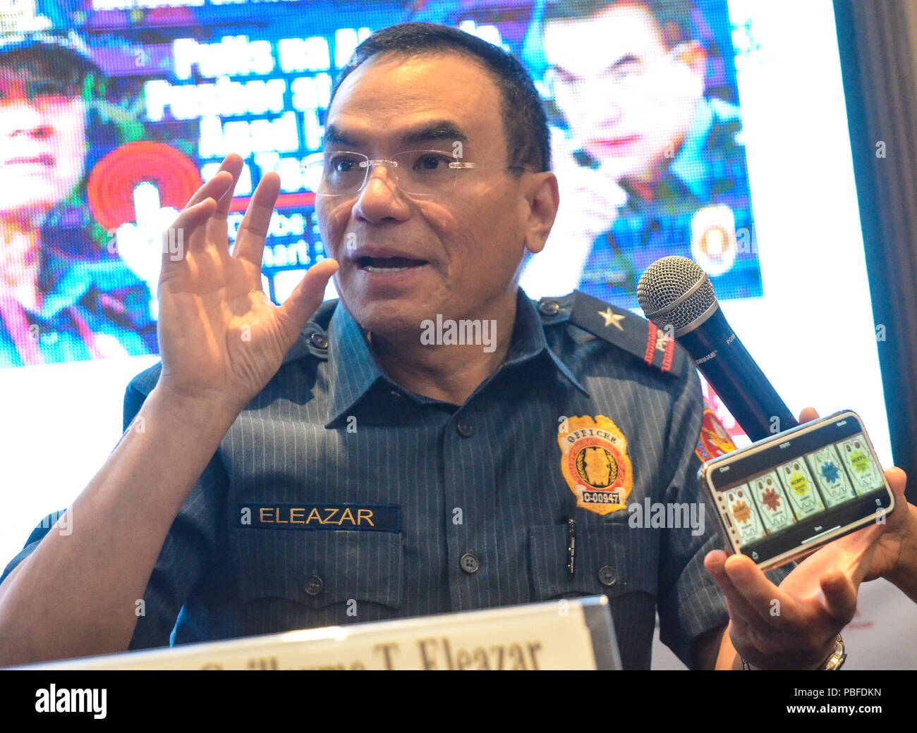 Quezon City, Philippines. 27th July, 2018. National Capital Region Police Office (NCRPO) Chief Supt. Guillermo T. Eleazar showed the sticker for 'Oplan Clean Rider' that the plan was to end the riding in tandem killings. It will be launched this year on August 1 at the Quirino Grand Stand, at Rizal Park. Credit: Robert Oswald Alfiler/Pacific Press/Alamy Live News Stock Photo
