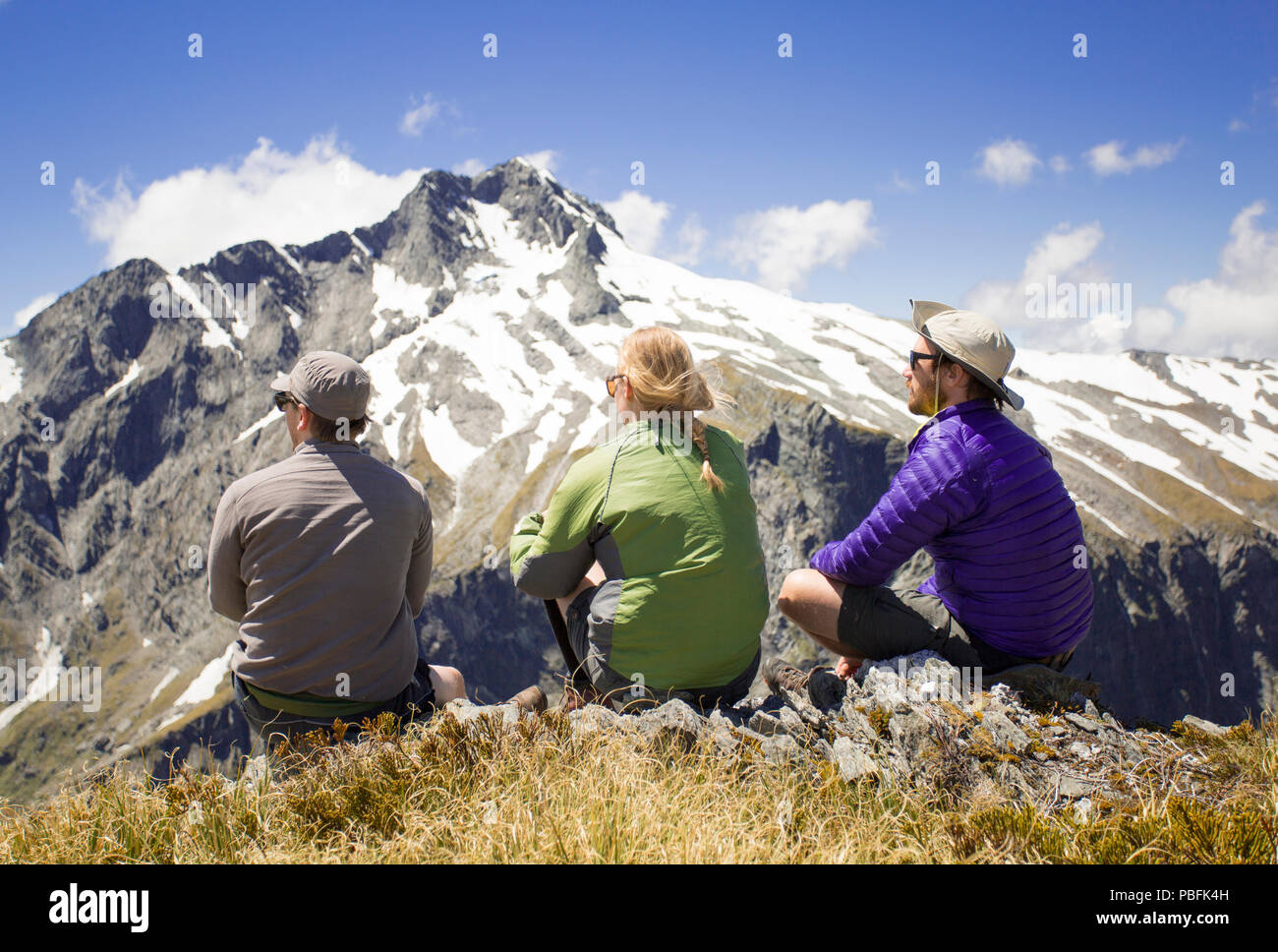 New Zealand aka Aotearoa, South Island, Mt Aspiring National Park, Gillespie Pass, group looking out at mountains. Model released. Stock Photo