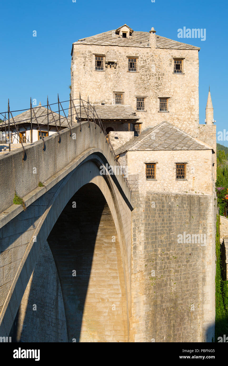 View across famouse Mostart bridge against bluw sky, Mostar, Bosnia & Herzegovina, 2018 Stock Photo