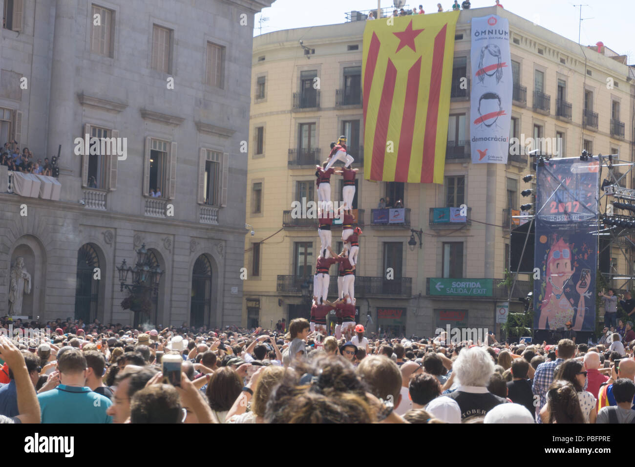Barcelona, Catalonia, September 24, 2017:  People in an Castellers journey during celebration in Barcelona. claming for independence and justice Stock Photo