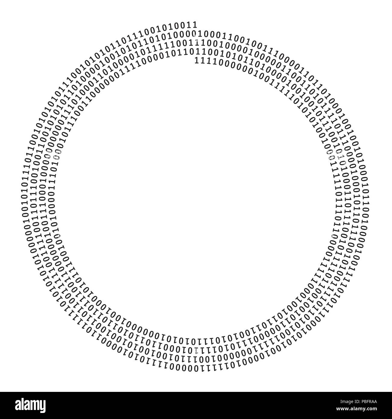 Spiral shape of zero one line, monochrome digital frame Stock Vector