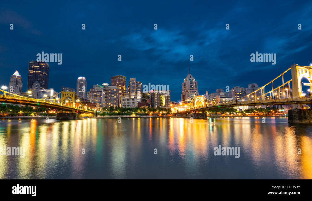 Pittsburgh, Pennsylvania night skyline  along the Allegheny river from North Shore Riverfront Park Stock Photo