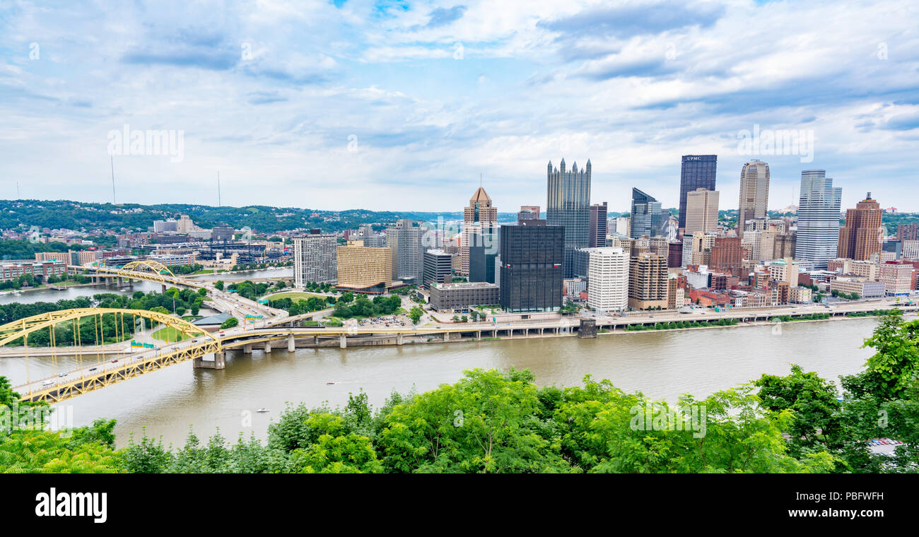 PITTSBURGH, PA - JUNE 16, 2018: Pittsburgh, Pennsylvania skyline  overlooking the Allegheny Monongahela rivers from the Grandview Overlook Stock Photo